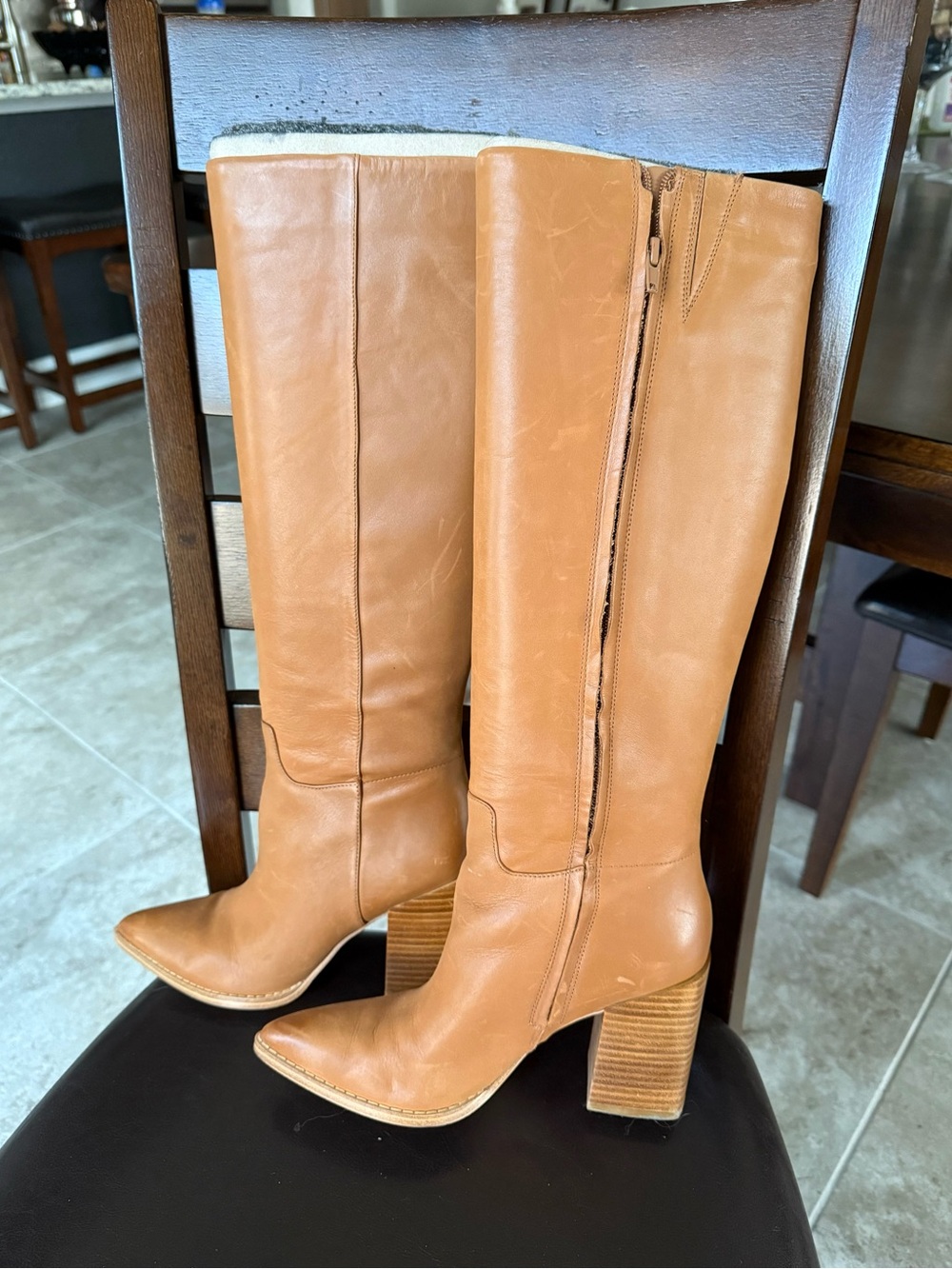 Nine West Brixe Tan Leather Knee-High Block Heel Boots